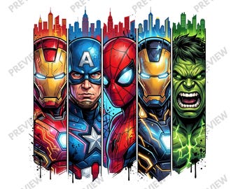 Marvel Superheroes PNG , Avengers Shirt Design, Captain America Iron Man Spider-Man Hulk Thor Doctor Strange PNG, Digital Download