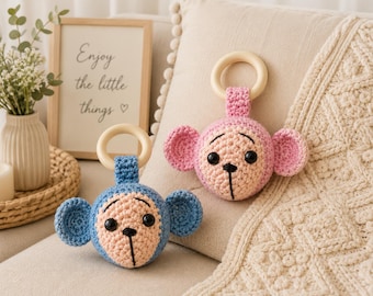Crochet Monkey Baby Rattle Pattern, Amigurumi Teething Ring Tutorial, Crochet Baby Toy Pattern, Safari Nursery Gift, PDF Digital Download