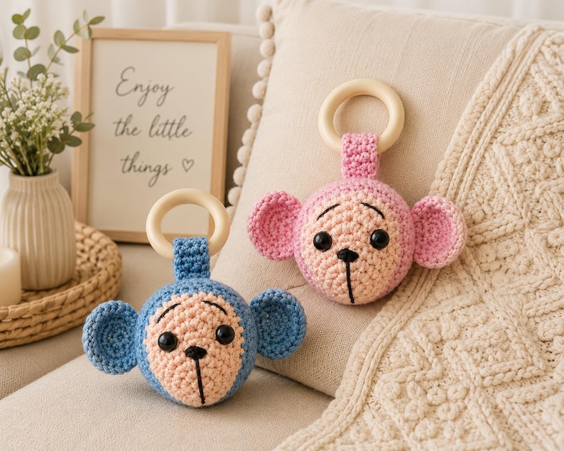 Virkat apa-babyskallramönster, Amigurumi-bitringhandledning, virkat babyleksaksmönster, Safari-barnrumspresent, PDF digital nedladdning bild 1