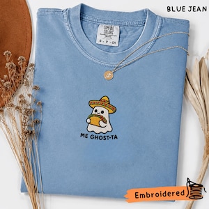 Mexikansk Boo broderad skjorta i komfortfärger, Me Ghost-ta-tröja, rolig Boo-tröja, mysig höst-t-shirt, Taco Boo-korgpresent, läskig söt t-shirt