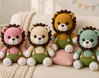 Amigurumi Lion Crochet Pattern, Lion in Overalls Tutorial, Cute Safari Animal Plushie, Crochet Baby Doll Pattern, PDF Digital Download