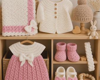 Crochet Baby Set Pattern Bundle | Dress, Bonnet, Shoes, Headband, Blanket (PDF + Video Tutorial)