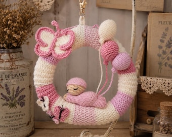 Baby Door Wreath Crochet Pattern PDF, Newborn Nursery Decor Design, Personalized Baby Gift Idea DIY, Instant Download Amigurumi Tutorial