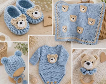 CROCHET PATTERN + VIDEO Bundle | Easy Teddy Bear Set | Baby Blanket, Shoes, Bonnet, Romper & Toy