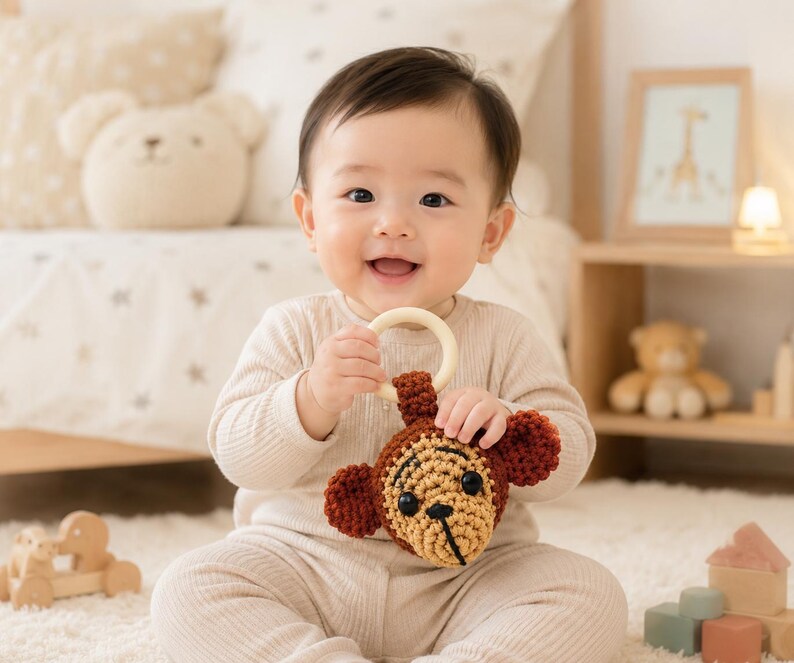 Virkat apa-babyskallramönster, Amigurumi-bitringhandledning, virkat babyleksaksmönster, Safari-barnrumspresent, PDF digital nedladdning bild 3