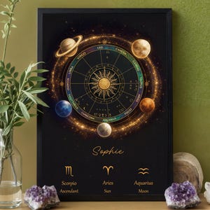 Pode incluir: Uma impressão preta emoldurada com um gráfico astrológico dourado com planetas e símbolos do zodíaco. O nome "Sophie" está escrito abaixo. A impressão é exibida com cristais de ametista e um vaso de vegetação.