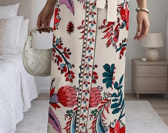 Jupe longue portefeuille fleurie botanique - Élégance bohème sans effort