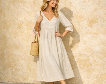 Vestido largo de algodón y lino con escote en V - Estilo bohemio fluido e informal, vestido de verano de corte holgado, vestido bohemio