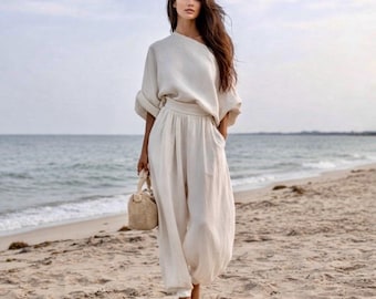 Ensemble deux pièces en lin, ensemble pantalon et haut en lin, tenue bohème en lin, ensemble estival deux pièces avec pantalon taille haute, cadeau pour elle
