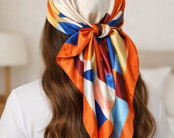 Pañuelo de seda geométrico colorido – Turbante retro bohemio para mujer, bandana con estampado vibrante