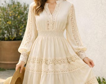 Vestido largo de encaje vintage – Vestido bohemio de manga larga color crema para mujer