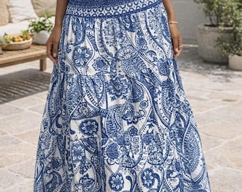 Bohemian Blue Maxi Skirt – Flowy Paisley Summer Skirt for Women