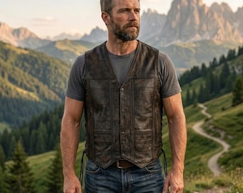 Men's Leather Motorbike Vest Distressed Brown handmade Gun Pockets Western Style Cafe Racer vest