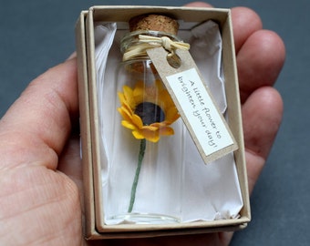 Tiny Sunflower In A Bottle With Personalised Message - sunflower birthday card - get well soon card - mother's day gift - sunshine card