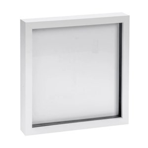 May include: White square picture frame with a black mat. The frame is made of wood and has a simple design.