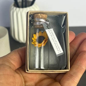 May include: A miniature glass bottle with a yellow sunflower inside, packaged in a small cardboard box. The bottle is sealed with a cork and silver ribbon. A tag reads "A little bit of sunshine just for You Richard x."