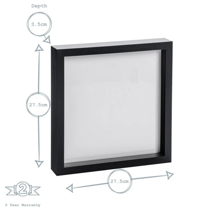 May include: Black square picture frame with a 27.5 inch by 27.5 inch opening and a depth of 3.5 inches.