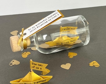Golden Wedding Anniversary Gift Personalised Gold Paper Boat In A Bottle Gift For Parents Or Grandparents - 50th Wedding Anniversary Husband