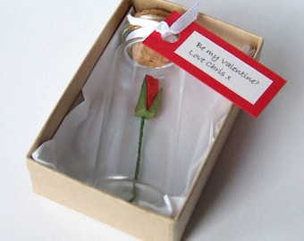 Tiny Personalised Paper Rosebud In A Bottle - personalised Valentine's day gift - bespoke valentine's card - personalized anniversary gift