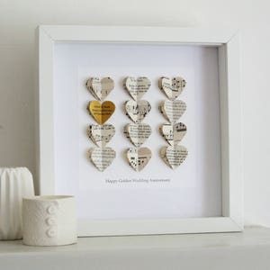 Personalized Golden Anniversary Heart Art: Stitched Paper, Framed
