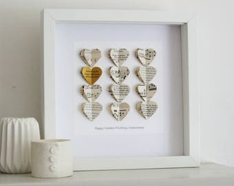 Gold Heart Anniversary Artwork - Golden Wedding Anniversary Picture - Personalised Love Heart Wall Art - Golden Anniversary Romantic Gift