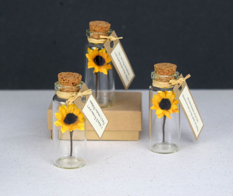 Tiny Sunflower In A Bottle With Personalised Message sunflower birthday card get well soon card mother's day gift sunshine card image 2