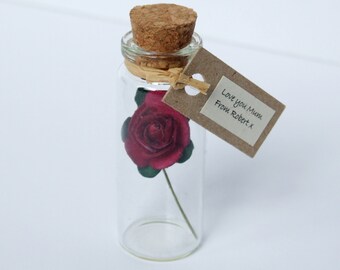 Tiny Personalised Tea Rose In Wine Red - alternative mother's day card - valentine's day gift - alternative anniversary or wedding card -