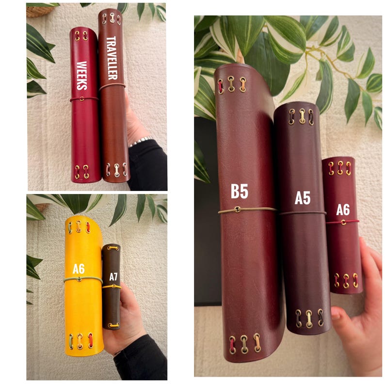 Läderomslag med journal, Field of Stars, nitar, designat med vegetabiliskt garvat läder, anteckningsboksomslag, B5 A5 A6, A7, trefaldigt, dubbelvikt, anpassat bild 16