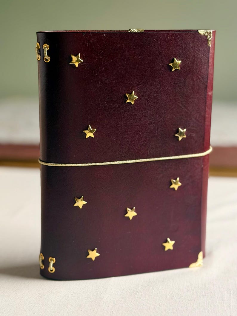 Läderomslag med journal, Field of Stars, nitar, designat med vegetabiliskt garvat läder, anteckningsboksomslag, B5 A5 A6, A7, trefaldigt, dubbelvikt, anpassat bild 1