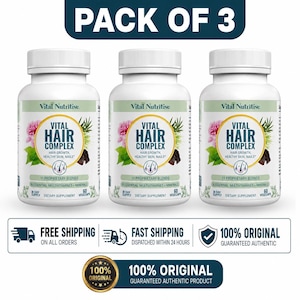 May include: Three white supplement bottles labeled "Vital Hair Complex" with floral and botanical illustrations. The bottles are for hair growth, healthy skin, and nails, containing 11 proprietary blends of essential multivitamins and minerals. The text "Pack of 3" is at the top.