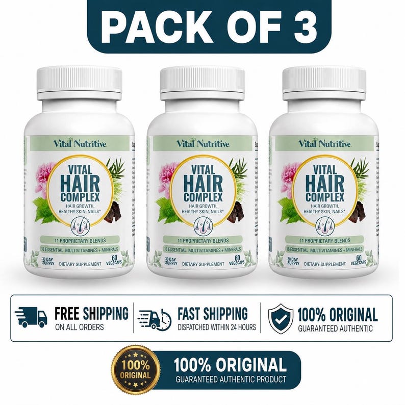 May include: Three white supplement bottles labeled "Vital Hair Complex" with floral and botanical illustrations. The bottles are for hair growth, healthy skin, and nails, containing 11 proprietary blends of essential multivitamins and minerals. The text "Pack of 3" is at the top.