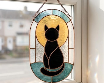 Celestial Black Cat Stained Glass Pattern | Moon Suncatcher Template (Digital Download)