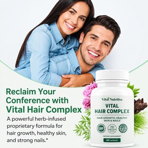 May include: A bottle of Vital Hair Complex dietary supplement with a white label, featuring text and logos. The image includes a couple smiling, with text promoting hair growth, healthy skin, and strong nails. The bottle contains 60 capsules.