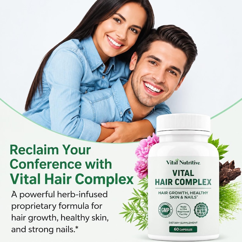 May include: A bottle of Vital Hair Complex dietary supplement with a white label, featuring text and logos. The image includes a couple smiling, with text promoting hair growth, healthy skin, and strong nails. The bottle contains 60 capsules.