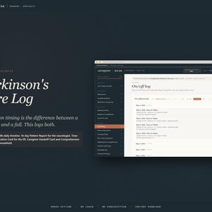 Pode incluir: Design de página web azul escuro com o texto "Parkinson's Care Log". A página apresenta uma interface de registro detalhada com uma seção "On/off log", exibindo o cronograma de medicamentos e dados relacionados. O design inclui um menu lateral e um layout limpo e profissional.