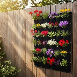 May include: A black vertical garden planter filled with colourful flowers and greenery. The planter is mounted on a wooden fence and features various blooms in red, purple, yellow, and white. The planter has multiple pockets for planting.