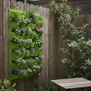 Op de afbeelding: Een groene verticale plantenbak met meerdere vakken, gevuld met verschillende kruiden en kleine bloeiende planten. De plantenbak is bevestigd aan een houten hek, waardoor een levendige weergave van groen ontstaat. De planten omvatten rozemarijn, tijm en andere kruiden.