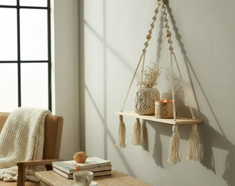 Prateleira flutuante de macramê estilo boho para decoração de parede – Prateleira rústica de madeira para pendurar, ideal para quarto, berçário, banheiro e sala de estar.