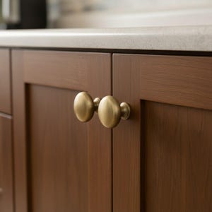 Puede incluir: Dos pomos de armario redondos de latón cepillado están montados en puertas de armario de madera de color marrón oscuro. Los pomos presentan una cara circular lisa y una base cilíndrica corta que se conecta a la superficie plana del panel.