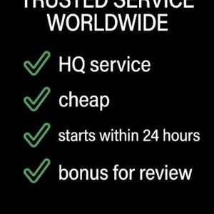 Pu&ograve; includere: Uno sfondo nero con testo bianco che recita "TRUSTED SERVICE WORLDWIDE". Sotto il testo ci sono quattro segni di spunta verdi con il seguente testo: servizio HQ, economico, inizia entro 24 ore e bonus per la revisione.