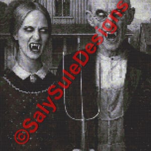 May include: Black and white cross-stitch depicting a vampire couple, inspired by the American Gothic painting. The man holds a pitchfork. A church is in the background. The image has a spooky, Halloween theme.