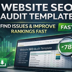 May include: A laptop displays a "Website SEO Audit Template" with a magnifying glass highlighting a score of 78. The image features the text "FIND ISSUES & IMPROVE RANKINGS FAST" and a download icon. The background has a green and blue gradient.