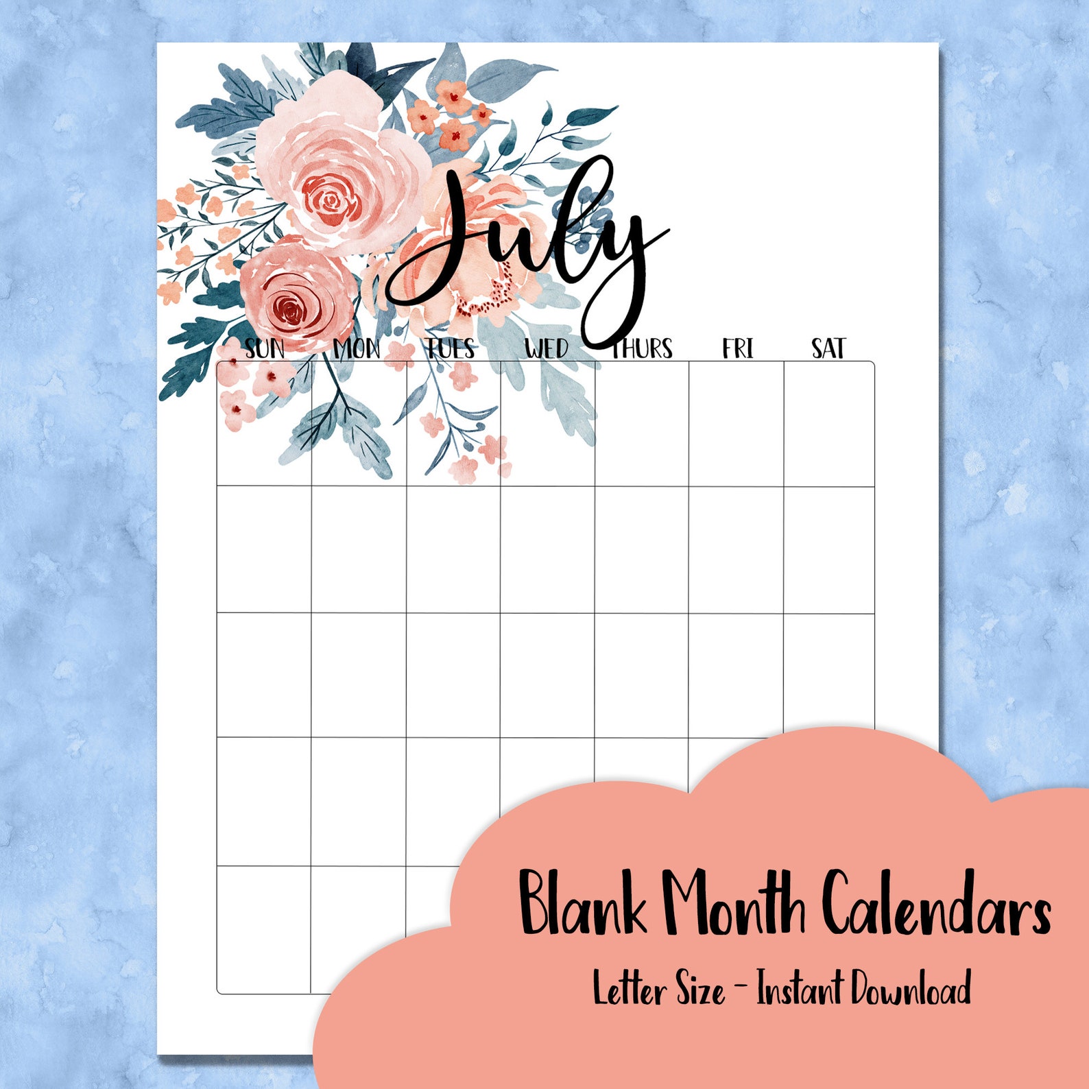 Flower Blank Monthly Calendar Printable Download Planner Etsy