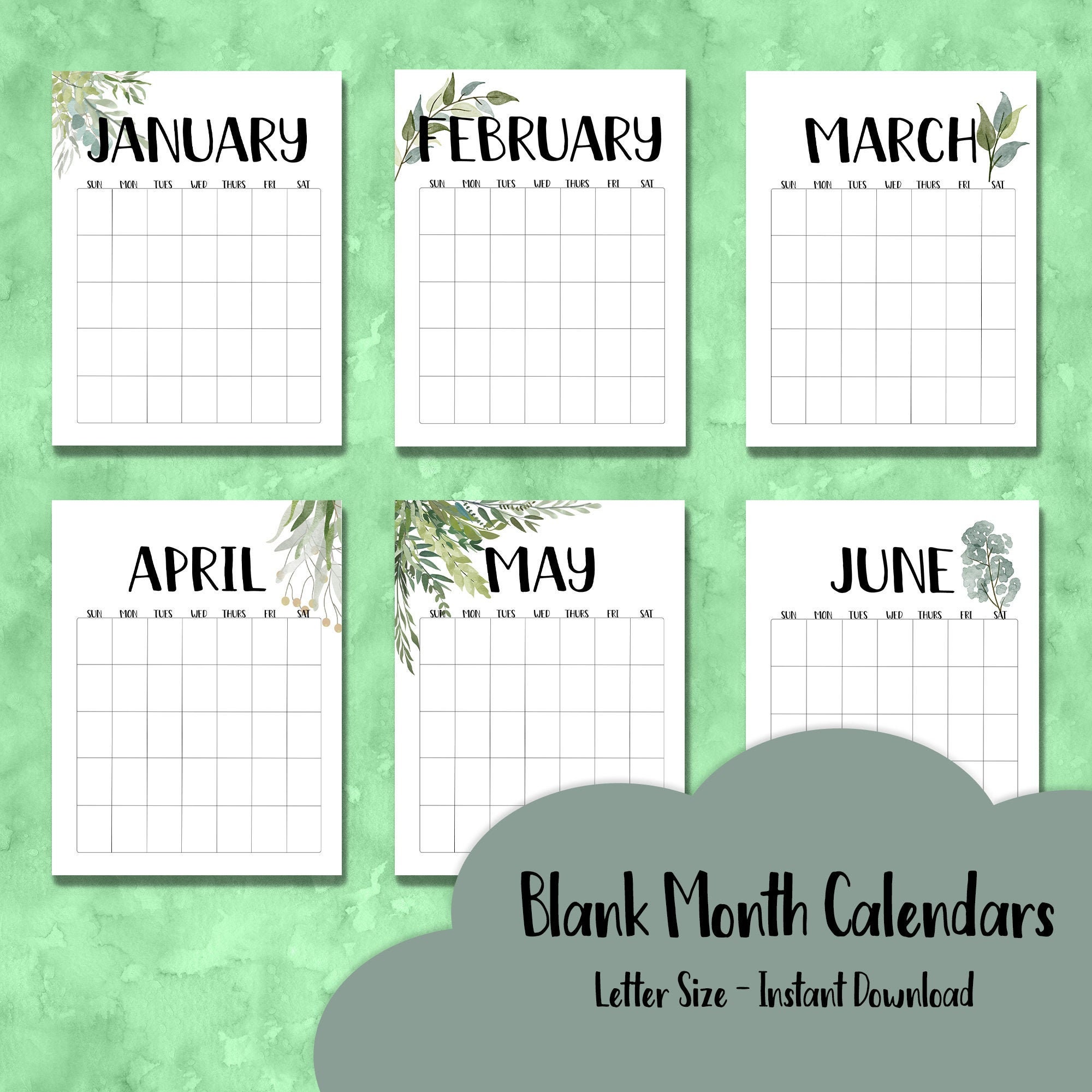 plants blank monthly calendar printable download planner etsy