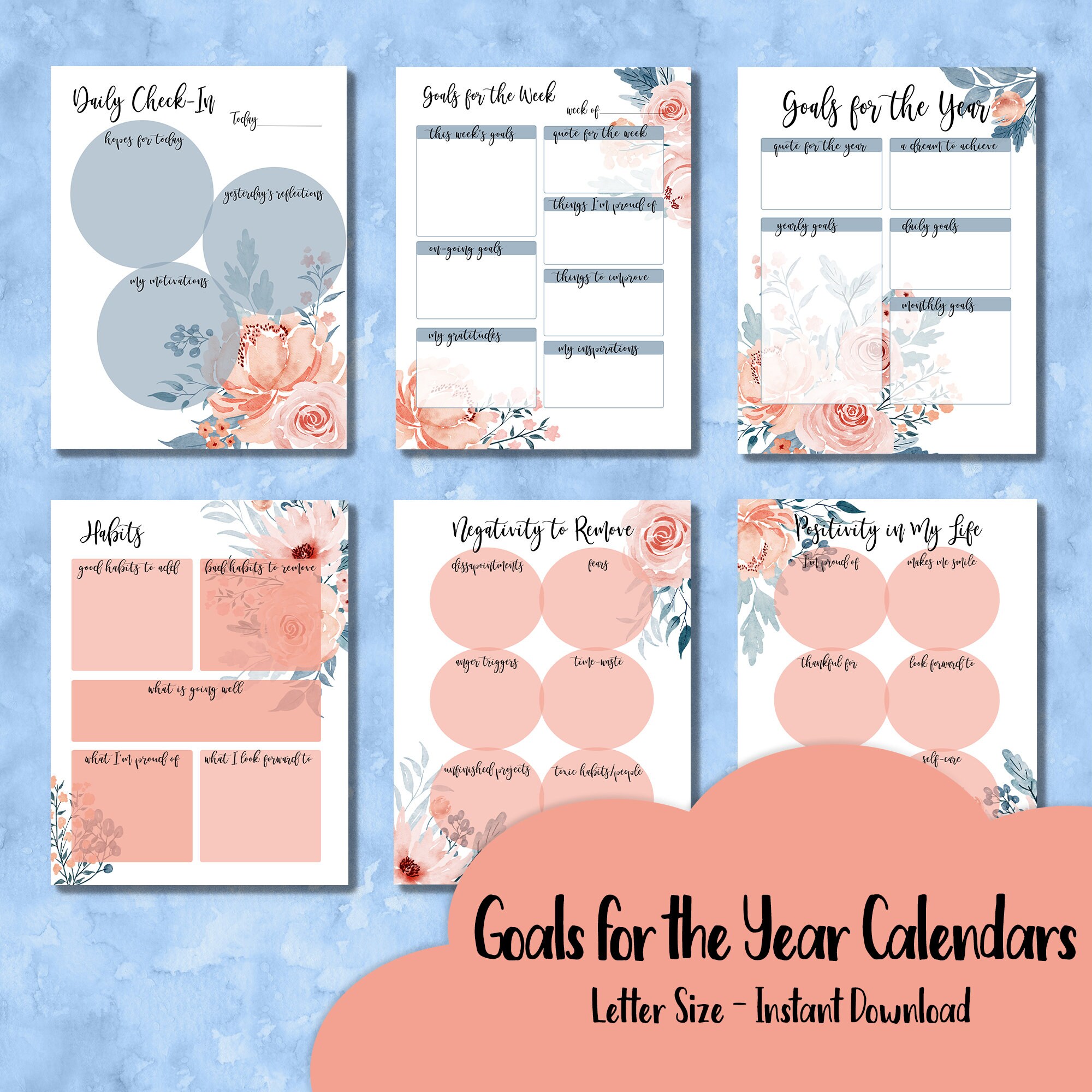 Goals Calendar Printable, Download Planner, Blue and Coral Watercolor