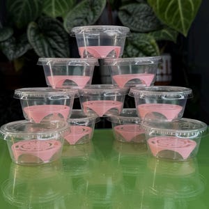 May include: A collection of clear plastic pots with pink bases. The pots are round with lids and are stacked. The pink bases have a distinctive design. Green plants are visible in the background. Each pot is approximately 7 cm in diameter.