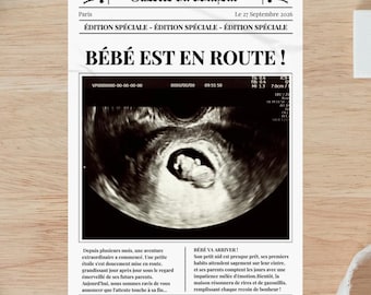 Annonce Grossesse Gazette Personnalisée, Journal "Bébé est en route", Faire-part Numérique Échographie, Modèle Canva Vintage, Baby News