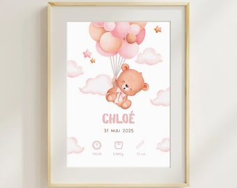 Personalisierte Geburtsanzeige für ein Mädchen, Poster mit Babybär und rosa Luftballons, Canvas-Design, Babyzimmerdekoration, Babygeschenk
