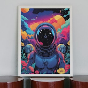 May include: A framed art print featuring an astronaut in a spacesuit with a starry sky reflected in the helmet. The artwork has a vibrant color palette of blues, purples, oranges, and pinks, with flowers in the foreground.