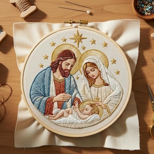 May include: Embroidered artwork of the Holy Family, featuring Jesus, Mary, and Joseph, within a round wooden hoop. The embroidery uses blue, red, and cream-coloured threads. A gold star and smaller stars surround the figures. The artwork is on a cream-coloured fabric.